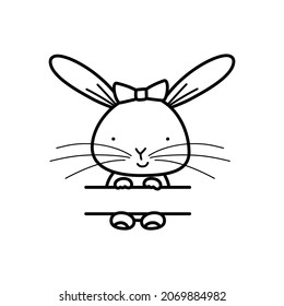 Line art illustration of adorable cartoon rabbit sitting at table