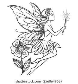 a line art illustration the angel and flower coloring page 