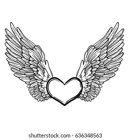 Line art illustration of angel wings and heart. Vintage print for St. Valentine's Day. Sketch for tattoo, hipster t-shirt design, vintage style posters. Coloring book for kids and adults.