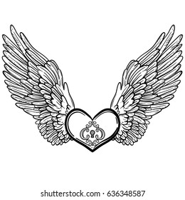 Line art illustration of angel wings and heart. Vintage print for St. Valentine's Day. Sketch for tattoo, hipster t-shirt design, vintage style posters. Coloring book for kids and adults.