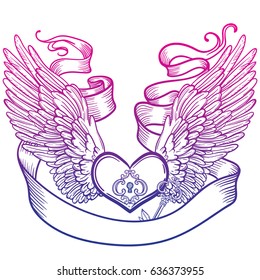 Line art illustration of angel wings and heart, tape and key. Vintage print for St. Valentine s Day. Sketch for tattoo, hipster t-shirt design, vintage style posters.