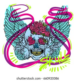 Line art illustration of angel wings, scary skull and flowers. Vintage print for St. Valentine s Day. Sketch for tattoo, hipster t-shirt design, vintage style posters.