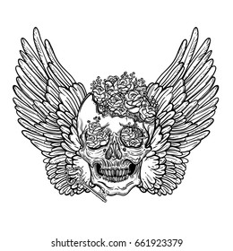 Line art illustration of angel wings, scary skull and flowers. Vintage print for St. Valentine s Day. Sketch for tattoo, hipster t-shirt design, vintage style posters.