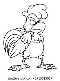 Line Art Illustration Of Angry Chicken Or Rooster. Farm Animal In Cartoon Style. Image For Kids And Children Coloring Book Or Page. Unpainted Outline Drawing On White Background. Mascot Character.