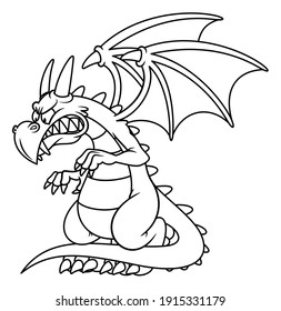 Line art illustration of angry fantasy dragon with wings in cartoon style. Image for kids and children coloring book or page. Unpainted outline drawing on white background. Mascot character. Vector