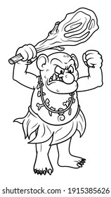 Line Art Illustration Of Angry Fantasy Ogre With A Stick Club In Cartoon Style. Image For Kids And Children Coloring Book Or Page. Unpainted Outline Drawing On White Background. Mascot Character.