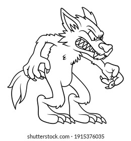 Line Art Illustration Of Angry Wolve Or Werewolf In Cartoon Style. Image For Kids And Children Coloring Book Or Page. Unpainted Outline Drawing On White Background. Mascot Character. Vector