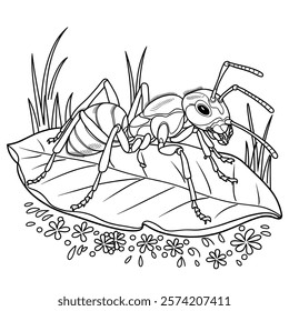 a line art illustration ant branch on leaf  coloring page 