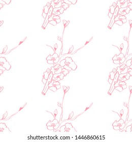 Line art illustration apple or peach branch tree backdrop.Floral organic background. Vintage floral pattern