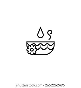 Line art illustration of an aromatherapy bowl with essential oil drop, steam, and flower decoration. Minimalist spa and relaxation concept, perfect for wellness, self-care, or beauty-related designs. 