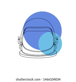 Line art illustration of an astronaut helmet with blue circles. Front view. Space tourism. The object is separate from the background. Vector element for logo, icon and your creativity.