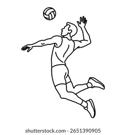 Line art illustration of an athlete serving a volleyball while jumping in the air. Black and white outline image with emphasis on the dynamics of the movement. Perfect for sports posters, infographics