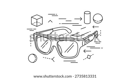 Line art illustration of augmented reality glasses with abstract geometric shapes and motion lines, representing virtual reality and future technology.