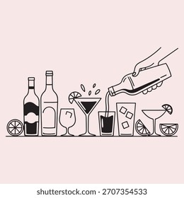 Line Art Illustration of Bar Drinks and Bartender Pouring Cocktail bottle