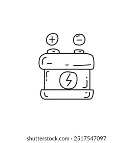 Line art illustration of battery with plus and minus signs. Simple black and white drawing of electric battery for website or app.