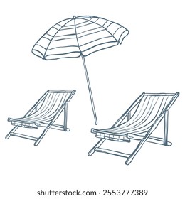 Line Art Illustration of Beach Chairs with Sun Umbrella.