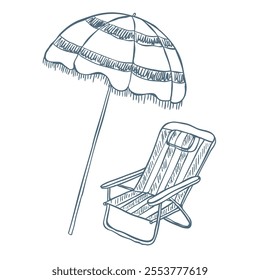 Line Art Illustration of Beach Chairs with Sun Umbrella.