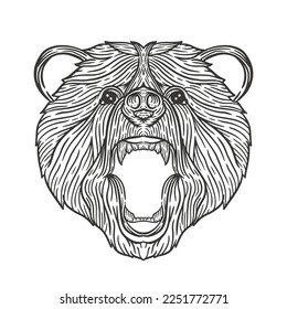 line art illustration of a bear's head with a texture made of lines, suitable for decoration or coloring pages