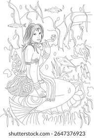 Line Art Illustration of a Beautiful Mermaid with Intricate Tail and Flowing Hair Holding a Flower, Surrounded by Fish and Underwater Seaweed - Ideal for Coloring Books and Fantasy Themes.