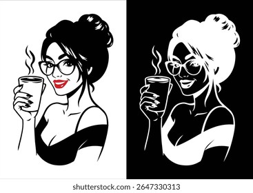 Line art illustration of a beautiful woman with glasses, smiling and holding a cup of hot coffee