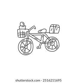 Line art illustration of bicycle with basket and box on back. Concept of cycling, transport, outdoor activity, and commute.