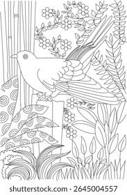Line art illustration of a bird in nature, detailed outline drawing with bamboo, flowers, and patterns, ideal for coloring page or art therapy activity.
