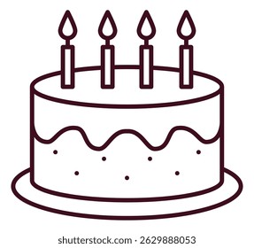 A line art illustration of a birthday cake with four lit candles