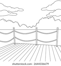 Line art illustration of boardwalk with rope fence and trees in background, suitable for coloring books, children’s activities, nature-themed designs, and outlines.