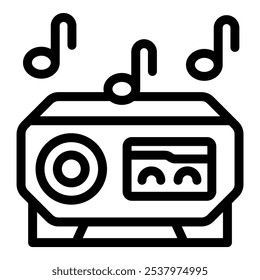 Ilustração de uma boombox tocando música com notas musicais ao seu redor