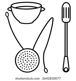 Ilustração de arte de linha de uma tigela, um coador perfurado em um cordão, e uma espátula. Perfeito para blogs de culinária, sites de receitas, ou projetos de design de utensílios de cozinha.