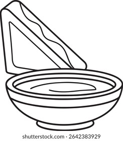 Line art illustration of a bowl of soup with a triangle sandwich leaning against it. Simple, minimalist design, perfect for menus, recipe books, or food blogs.