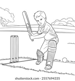  a line art illustration a boy playing cricket coloring page 