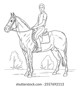 A line art illustration a boy raid on the horse coloring page 