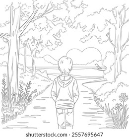 a line art illustration a boy walking in the forest coloring page 
