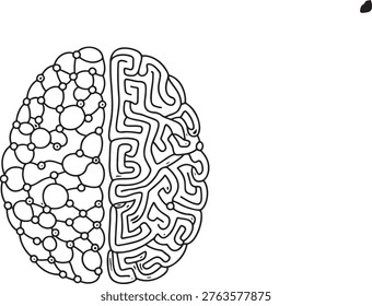 Line art illustration of brain split into two halves. One side represents organic structure, other side a maze. Connected to a plug symbol. Symbolizes intellect, problem solving, logic, memory and artificial intelligence.