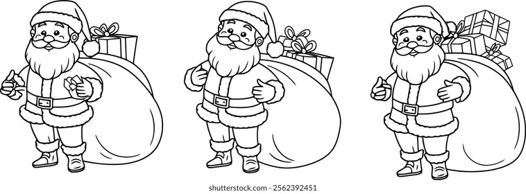 A line art illustration Bundle of Santa Claus holding a sack full of gifts for a children's coloring book Vector Design