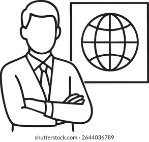 Line art illustration of a business person with folded arms, standing next to a globe graphic, symbolizing global business.