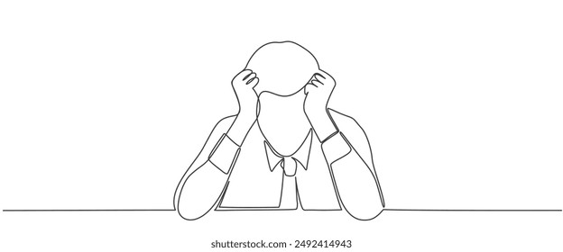 Line art illustration of businessman, sitting at his table, workplace, covering his head with hands, holding hair to relax, expressing stressed emotion. One line hand drawn design.