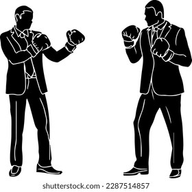 "Line Art Illustration of Businessmen Wearing Boxing Gloves"
"Vector Silhouette of Businessman Playing Boxing Match"