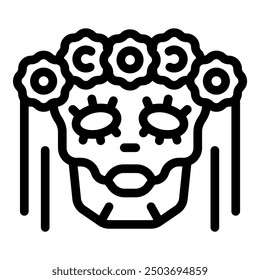 Line art illustration of a calavera mask with flowers, representing the day of the dead festivities