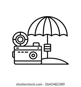 Line Art Illustration of a Camera Action Camera with Life Preserver and Beach Umbrella on Sandy Beach Vacation Summer Holiday Travel Photography Equipment