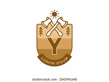 Line art illustration of camping ax with Y initial letter design