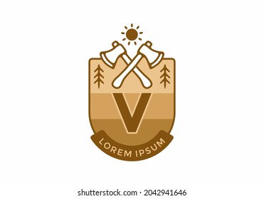 Line art illustration of camping ax with V initial letter design
