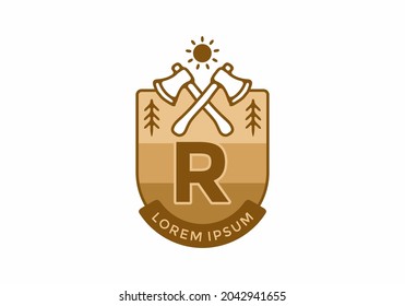 Line art illustration of camping ax with R initial letter design