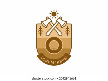 Line art illustration of camping ax with O initial letter design