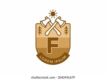 Line art illustration of camping ax with F initial letter design