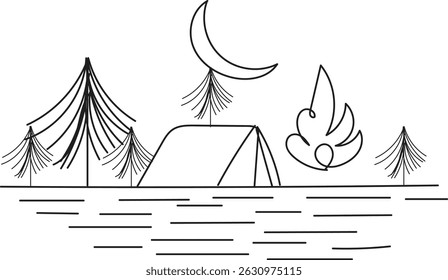 Line art illustration of a campsite at night.