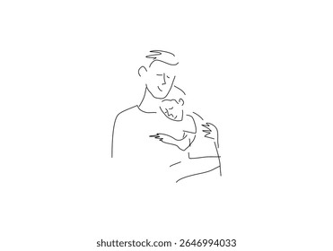 a ilustração da line art captura um abraço suave entre uma figura adulta e uma criança pequena.