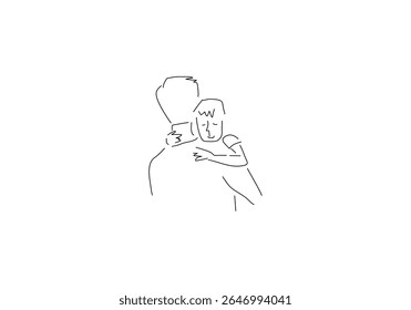 line art illustration captures a tender embrace between an adult figure and a small child.