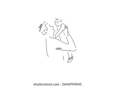 line art illustration captures a tender embrace between an adult figure and a small child.